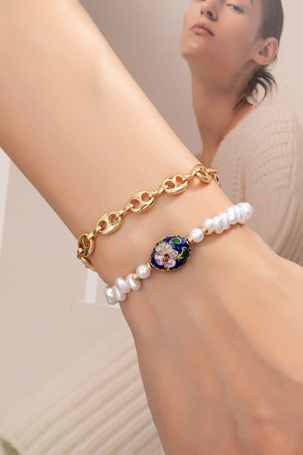 2 Bracelets Set: TikTok Viral Gold Chain & Pearl with Artisan Cloisonne Floral Bead | Women's Boho Jewelry Gift