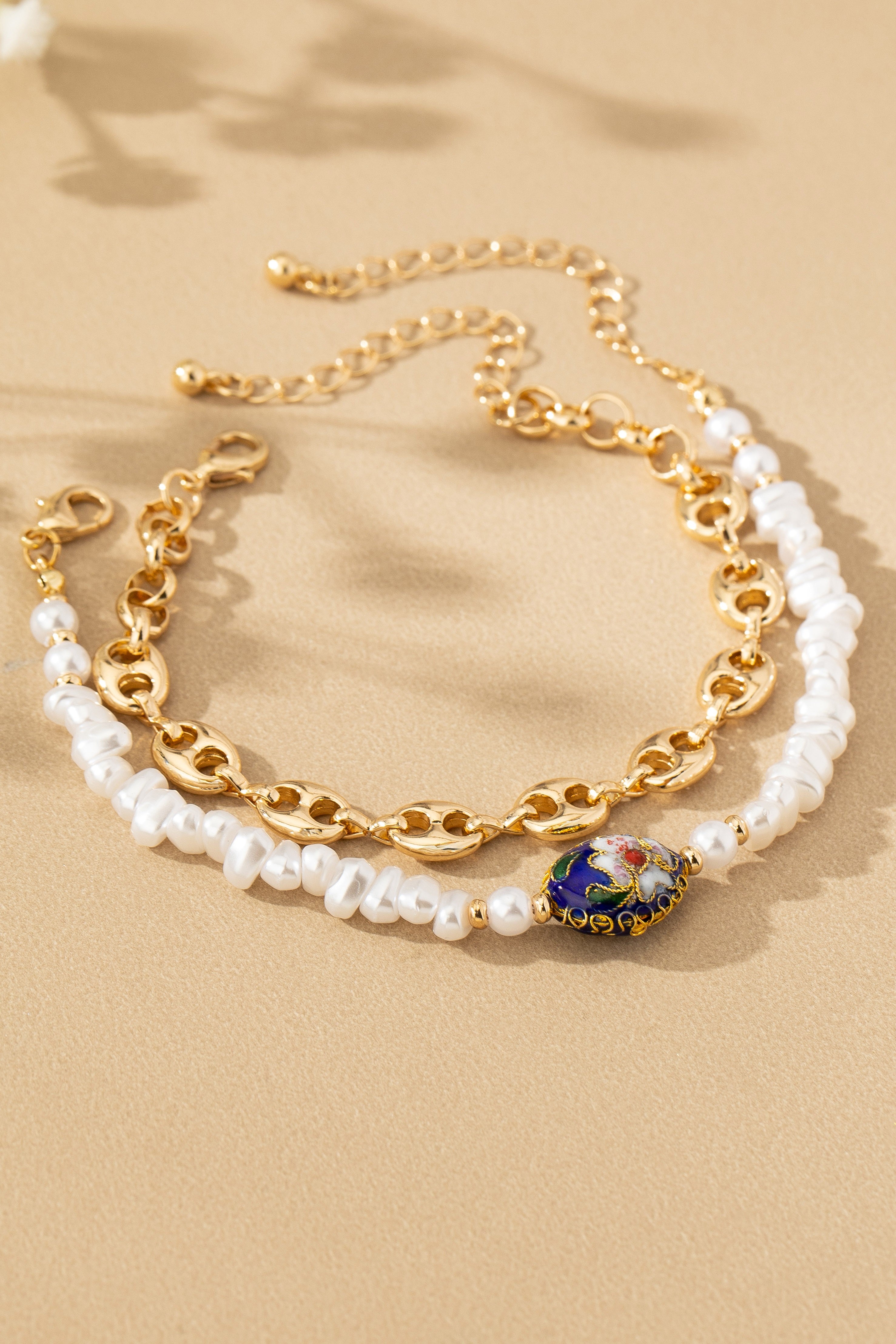 2 Bracelets Set: TikTok Viral Gold Chain & Pearl with Artisan Cloisonne Floral Bead | Women's Boho Jewelry Gift