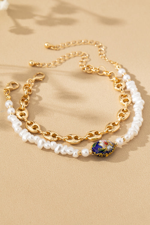 2 Bracelets Set: TikTok Viral Gold Chain & Pearl with Artisan Cloisonne Floral Bead | Women's Boho Jewelry Gift
