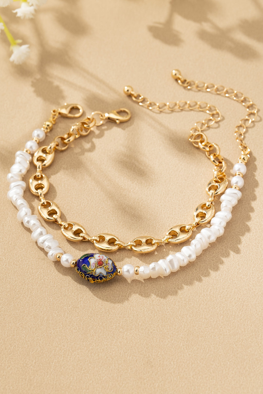 2 Bracelets Set: TikTok Viral Gold Chain & Pearl with Artisan Cloisonne Floral Bead | Women's Boho Jewelry Gift