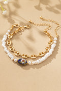 2 Bracelets Set: TikTok Viral Gold Chain & Pearl with Artisan Cloisonne Floral Bead | Women's Boho Jewelry Gift