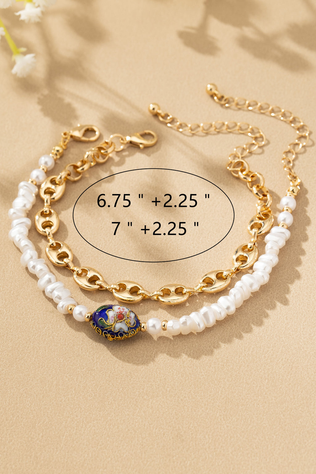 2 Bracelets Set: TikTok Viral Gold Chain & Pearl with Artisan Cloisonne Floral Bead | Women's Boho Jewelry Gift