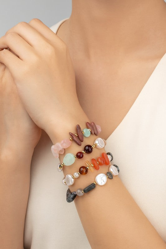 Boho Mixed Agate & Pearl Adjustable Snake Chain Bracelet for Women | Natural Gemstone Jewelry