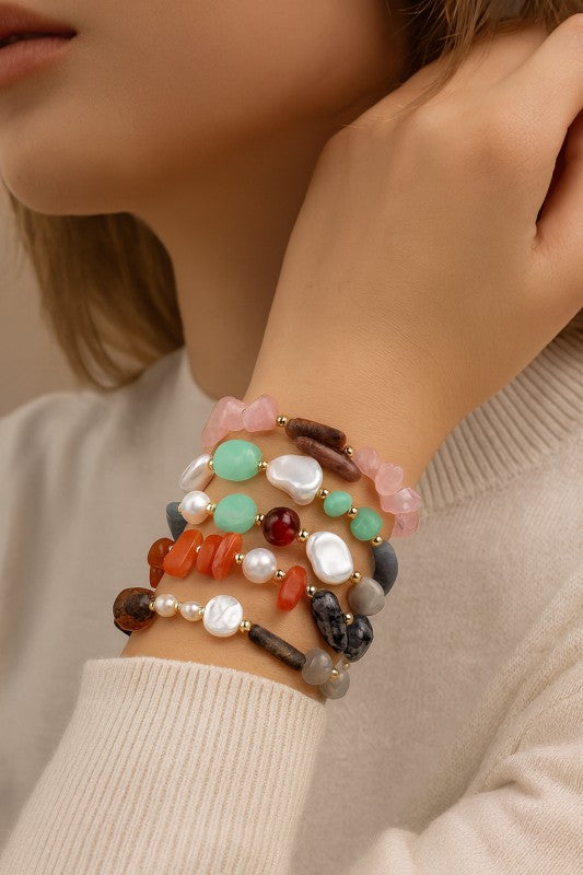 Boho Mixed Agate & Pearl Adjustable Snake Chain Bracelet for Women | Natural Gemstone Jewelry