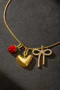 Strawberry Bow Puffy Heart Charm Necklace - Dainty Gold-Toned Whimsical Jewelry for Women