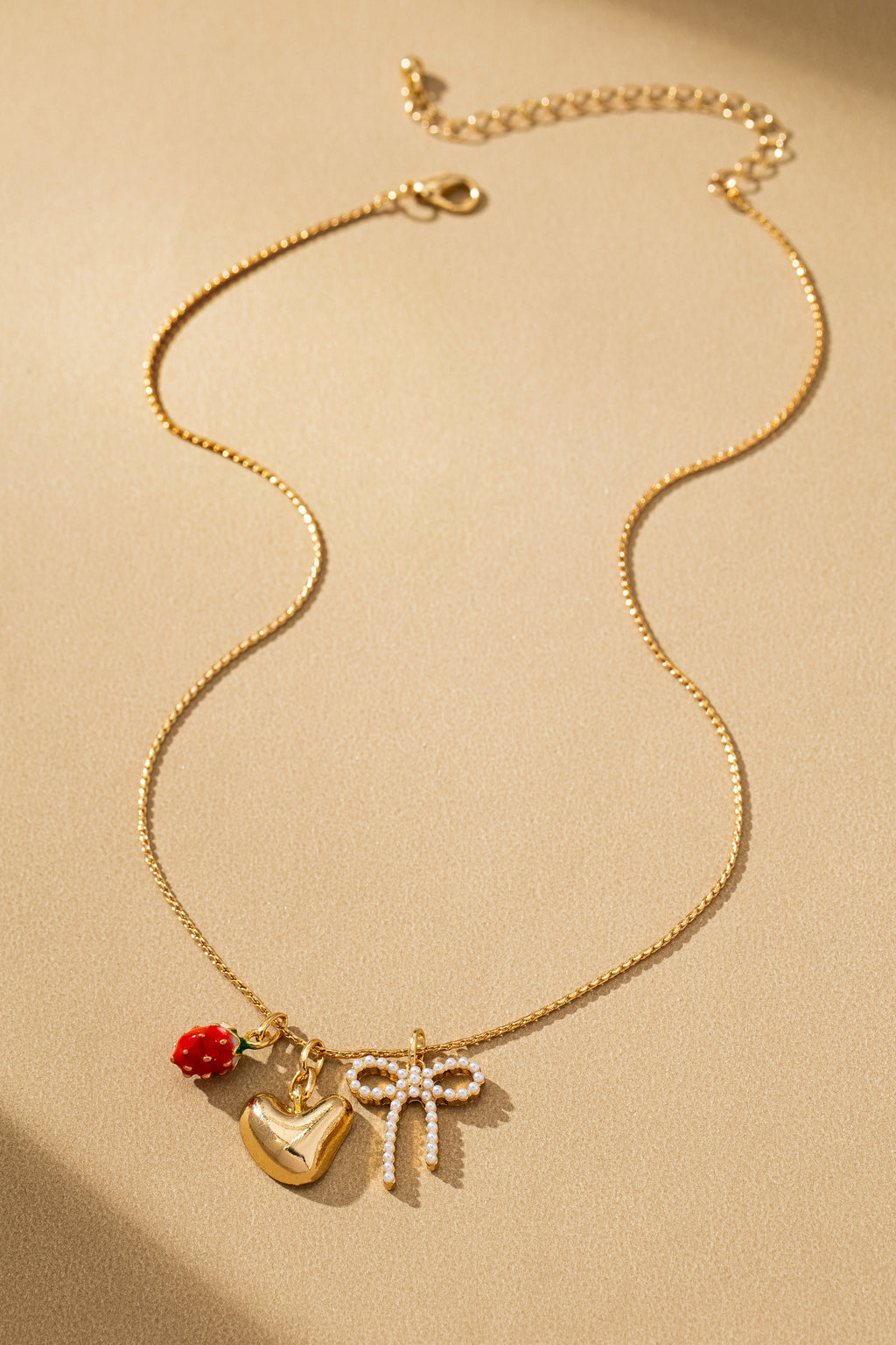 Strawberry Bow Puffy Heart Charm Necklace - Dainty Gold-Toned Whimsical Jewelry for Women