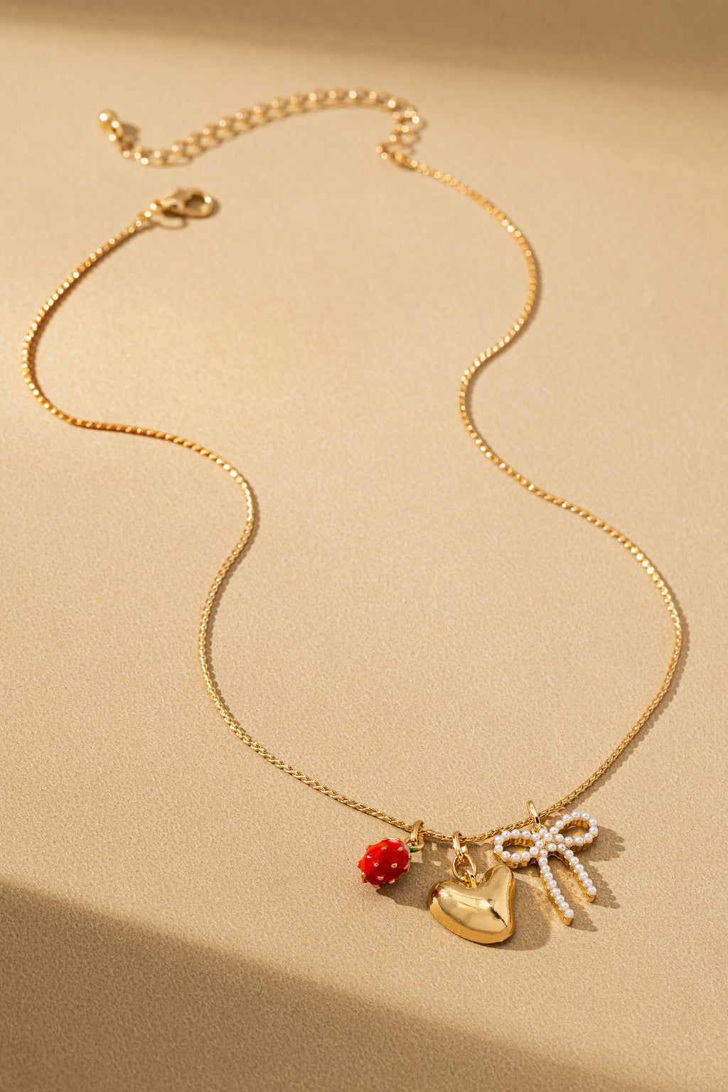 Strawberry Bow Puffy Heart Charm Necklace - Dainty Gold-Toned Whimsical Jewelry for Women