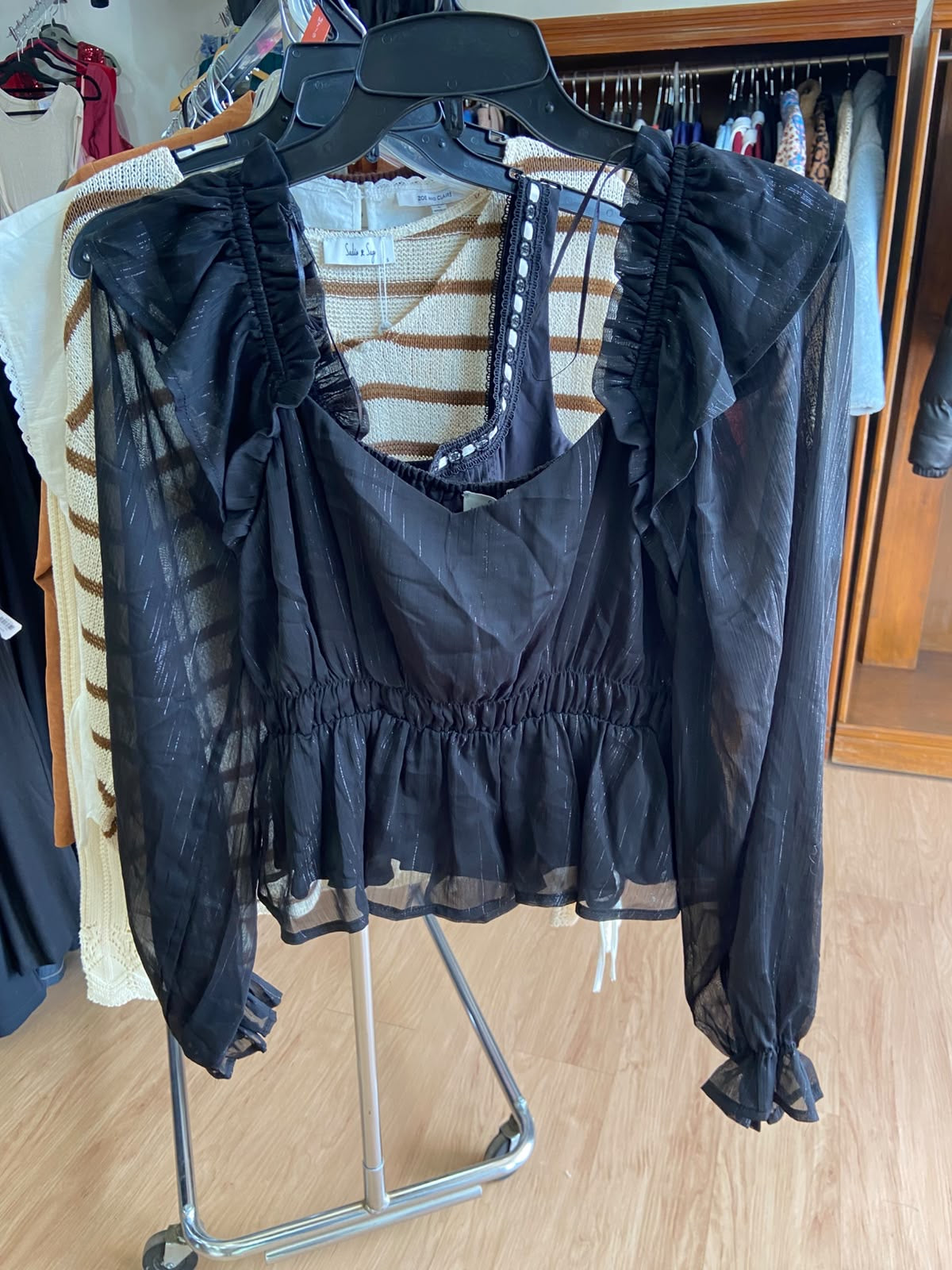 Black Long Sleeve Ruffled Blouse with Button Detail