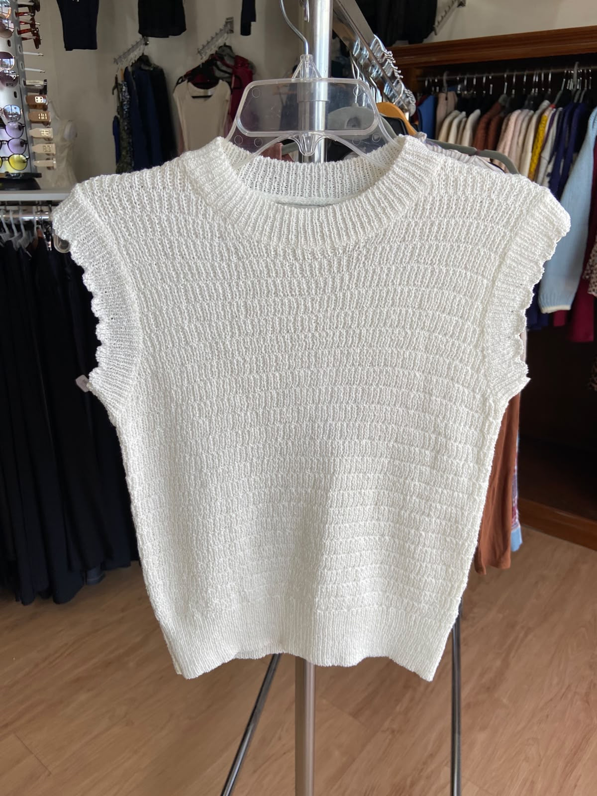 White Short Sleeve Textured Knit Top with Ruffled Edges