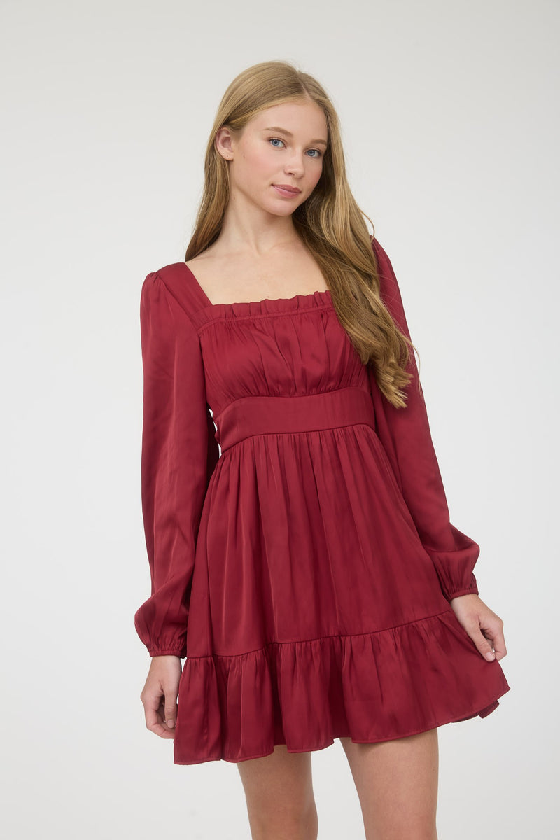 Red Long Sleeve Tiered Dress with Square Neck