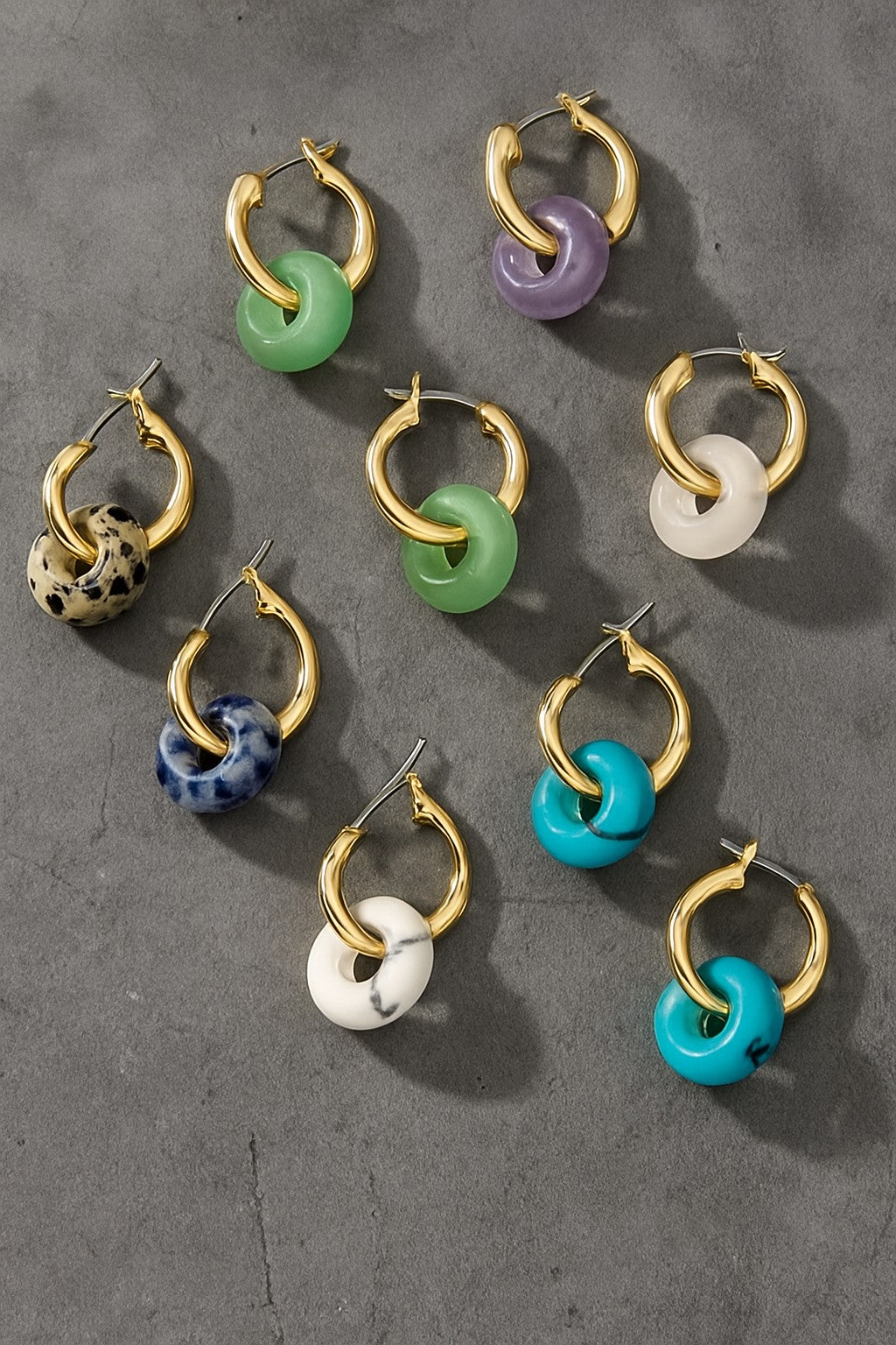 Gold Plated Hoop Earrings with Natural Stone Donut - Malachite, Turquoise, Rose Quartz & More - Perfect Gift for Her