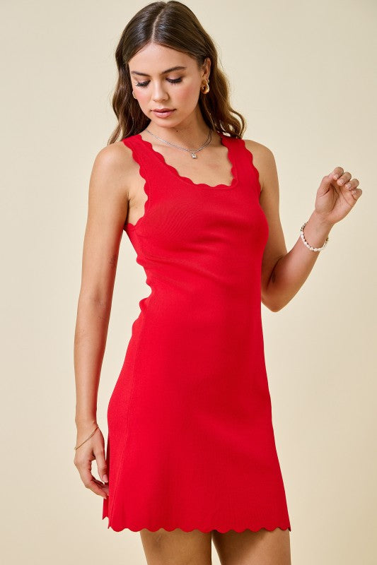 Red Sleeveless Bodycon Dress with Scalloped Neckline