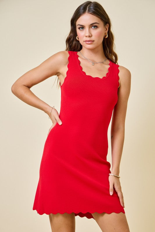 Red Sleeveless Bodycon Dress with Scalloped Neckline