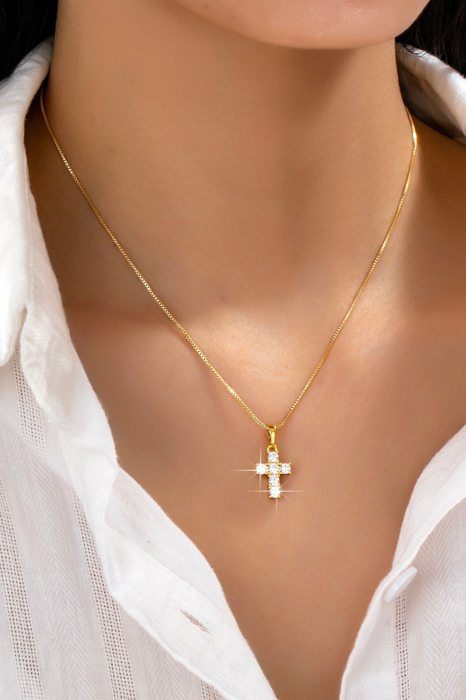 Sparkling Non-Tarnish Crystal Cross Pendant Necklace for Women | Elegant Gold-Tone Jewelry