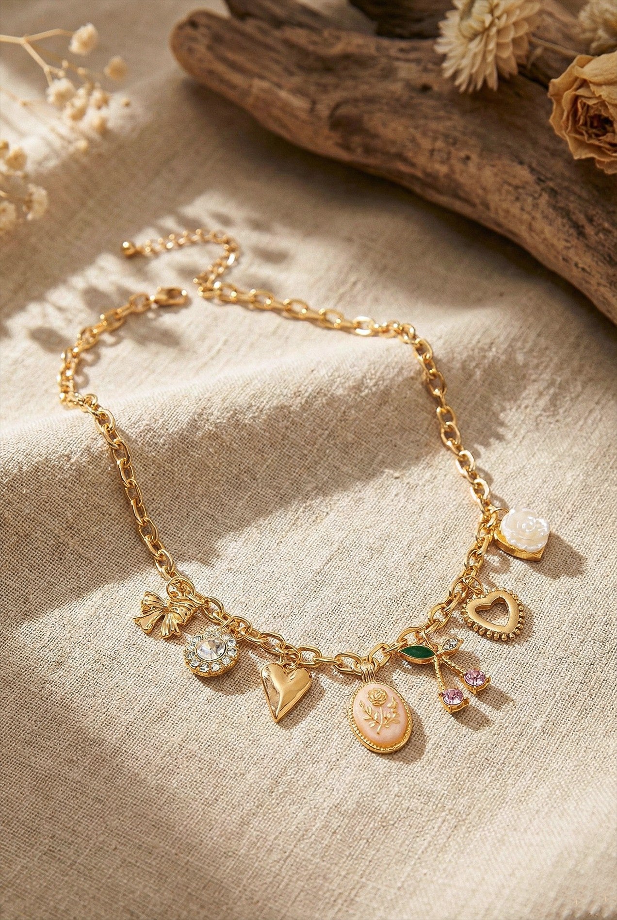 TikTok Viral Gold Chain Necklace - Cute Charms (Hearts, Cherries, Bow) | Aesthetic Jewelry for Women