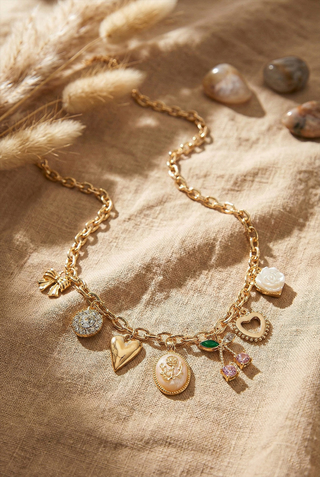 TikTok Viral Gold Chain Necklace - Cute Charms (Hearts, Cherries, Bow) | Aesthetic Jewelry for Women