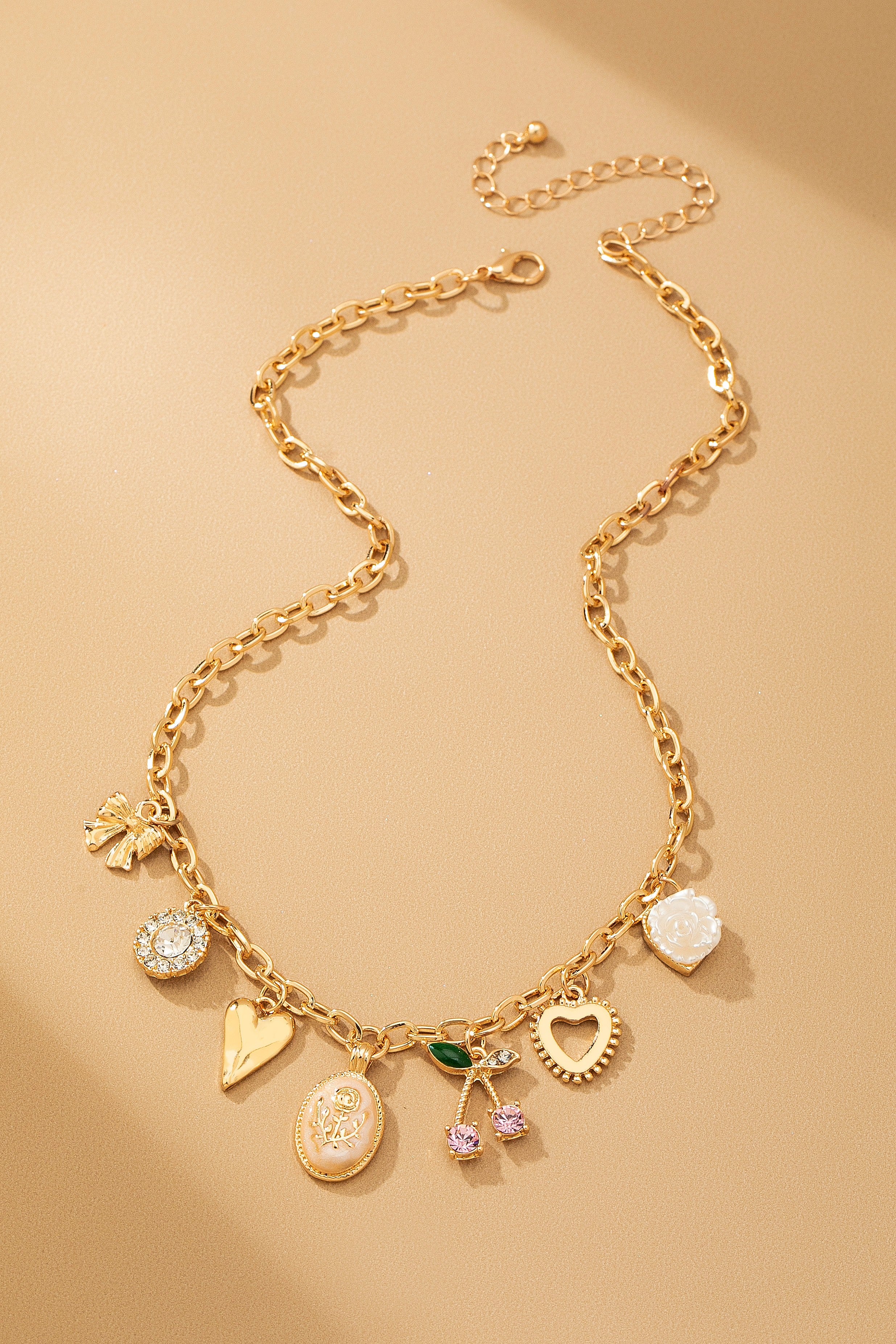 TikTok Viral Gold Chain Necklace - Cute Charms (Hearts, Cherries, Bow) | Aesthetic Jewelry for Women