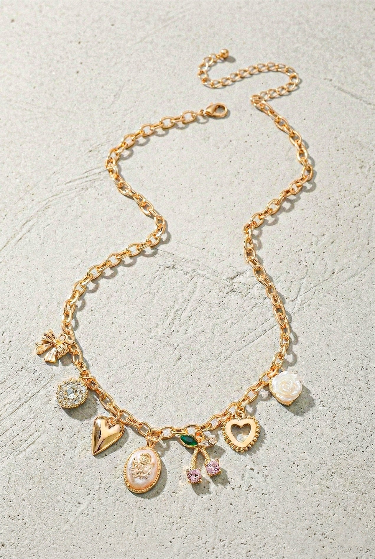 TikTok Viral Gold Chain Necklace - Cute Charms (Hearts, Cherries, Bow) | Aesthetic Jewelry for Women