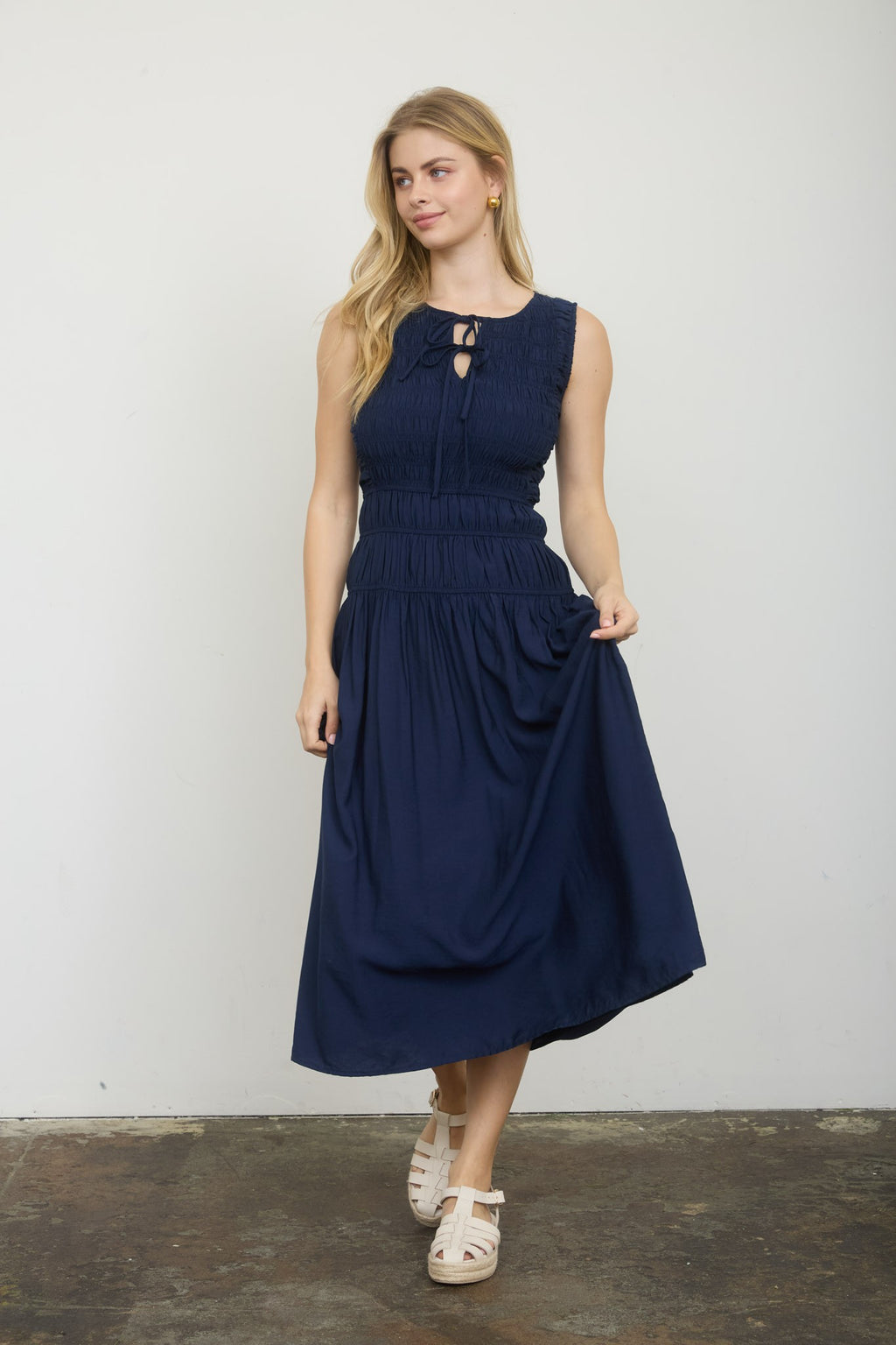 Front Tie Smocked Sleeveless Midi Dress – Lined Shirred Bodice Summer Dress