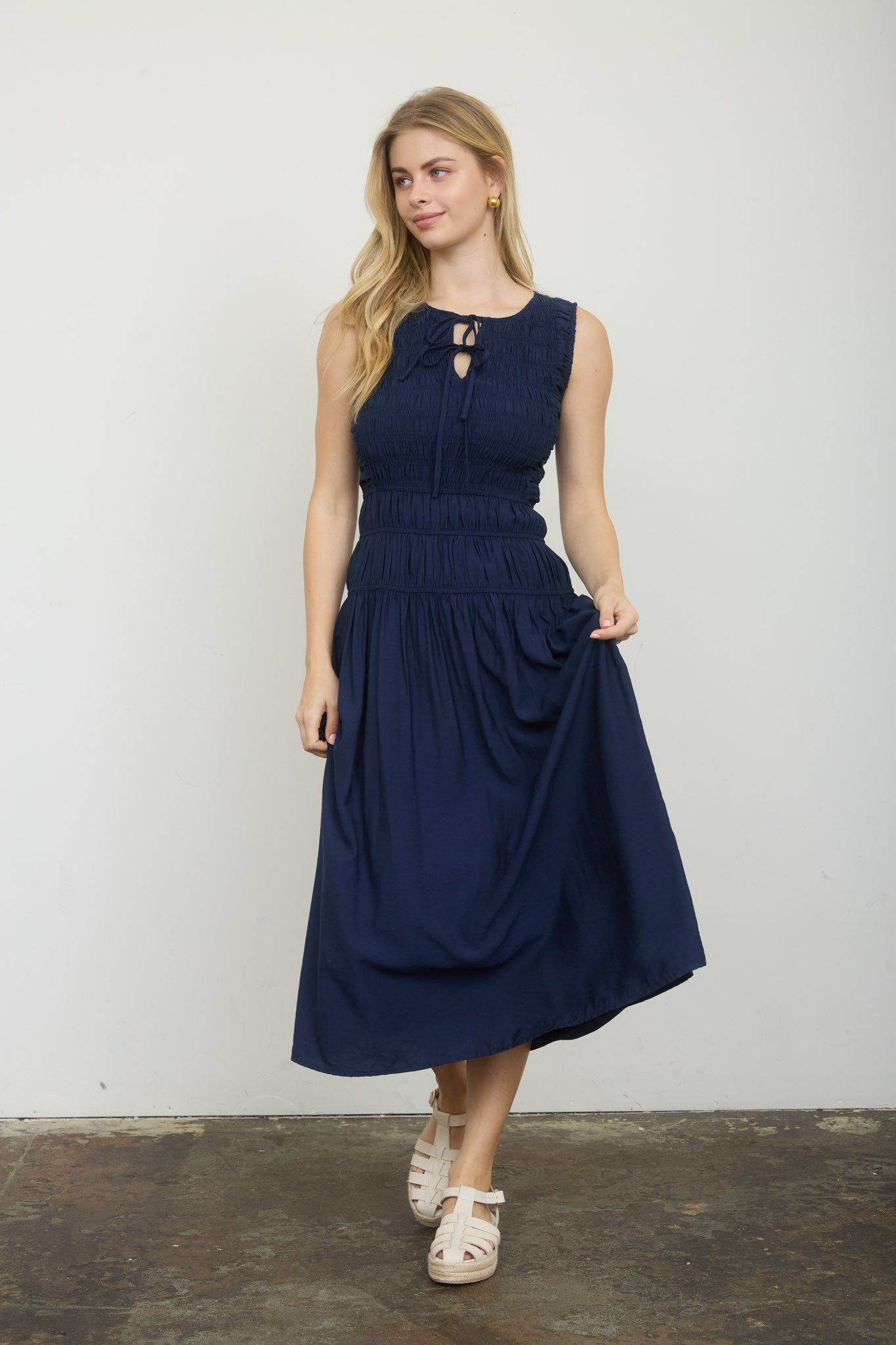Front Tie Smocked Sleeveless Midi Dress – Lined Shirred Bodice Summer Dress