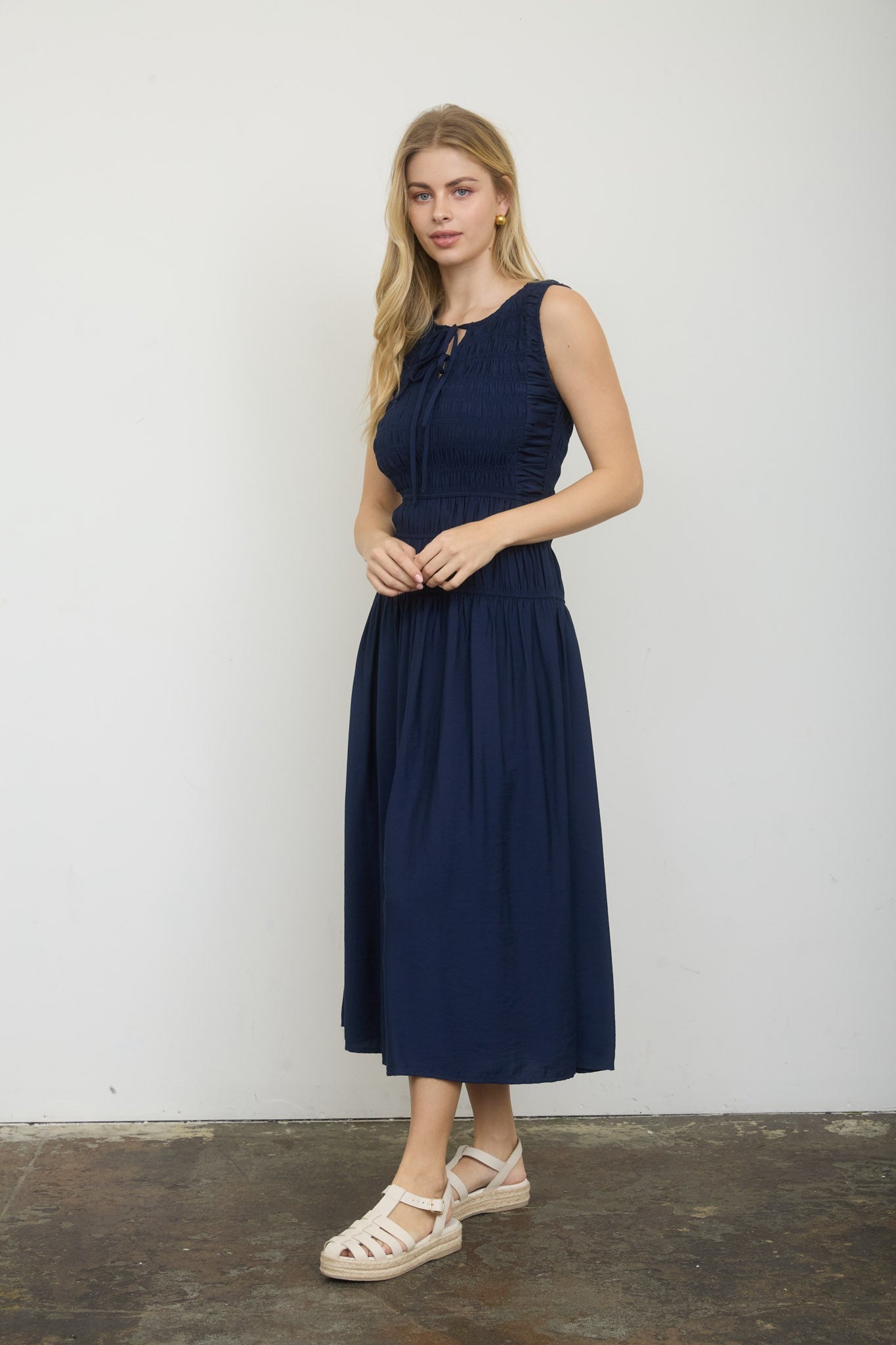 Front Tie Smocked Sleeveless Midi Dress – Lined Shirred Bodice Summer Dress