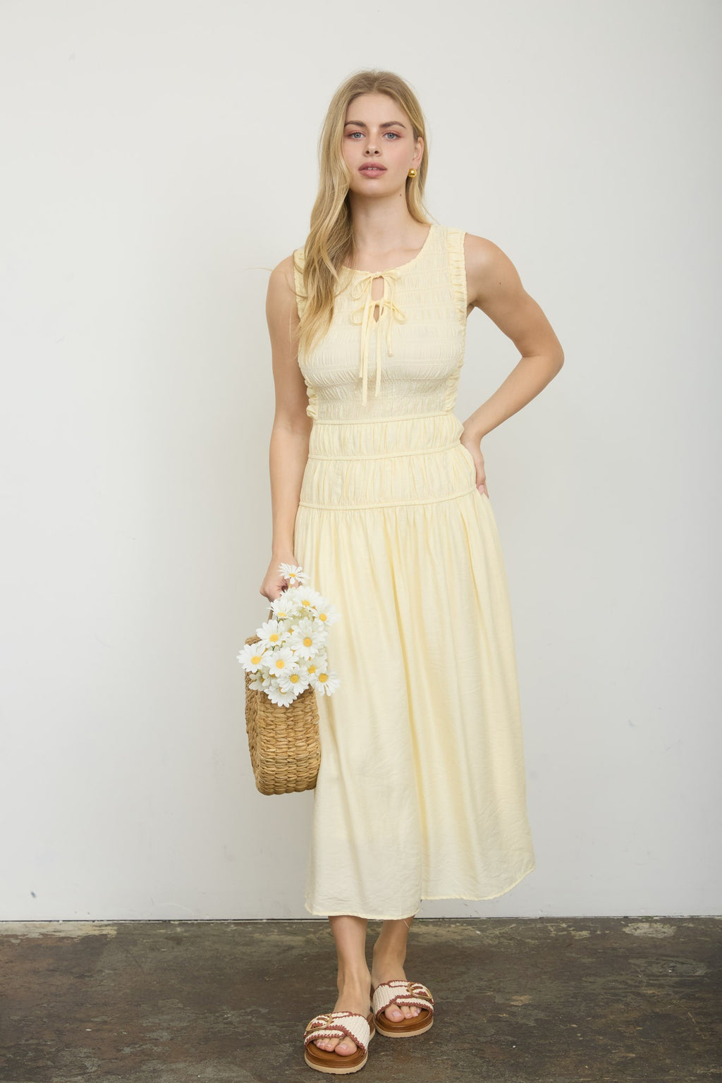 Front Tie Smocked Sleeveless Shirred Midi Dress