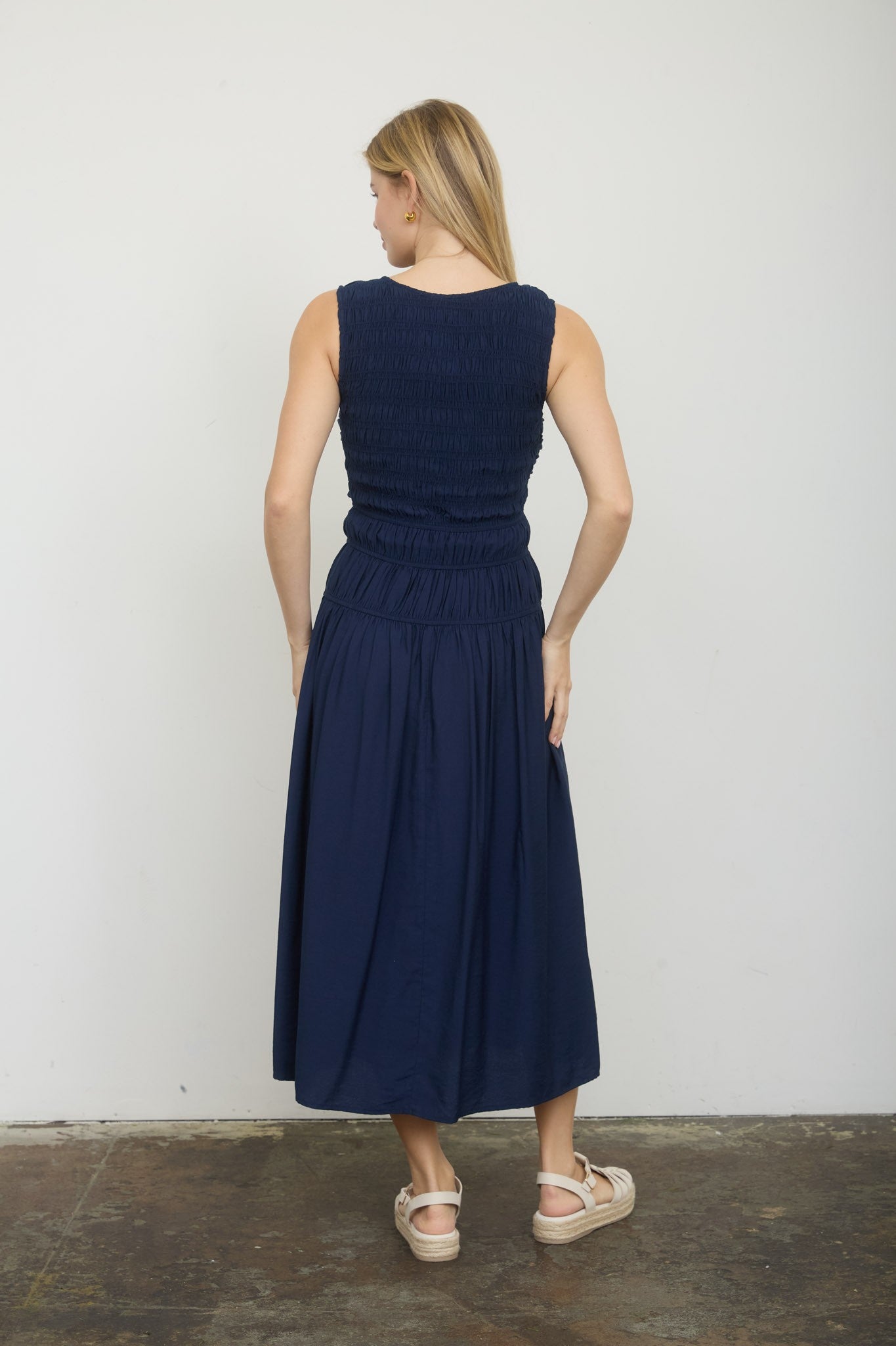 Front Tie Smocked Sleeveless Midi Dress – Lined Shirred Bodice Summer Dress