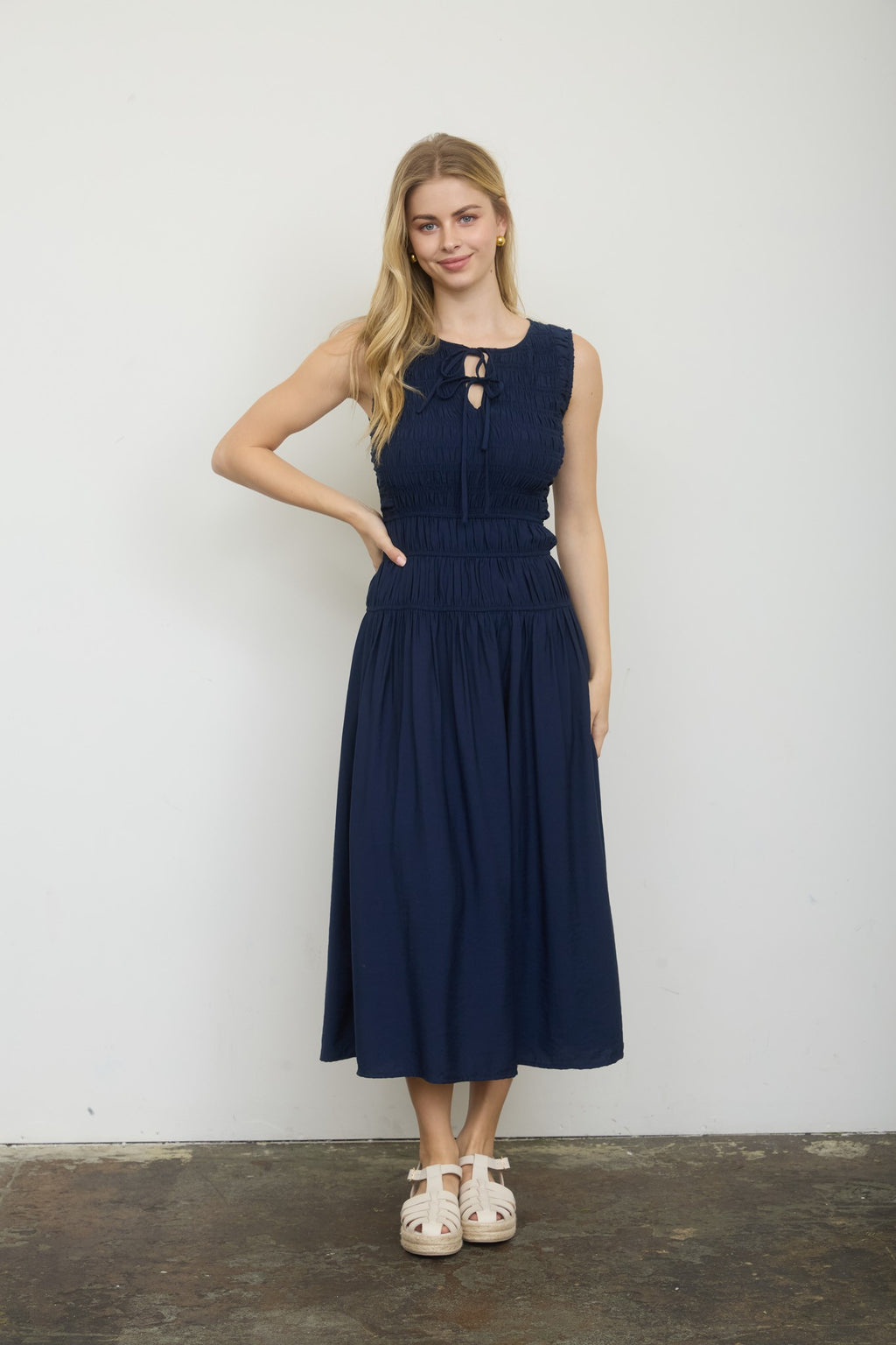 Front Tie Smocked Sleeveless Midi Dress – Lined Shirred Bodice Summer Dress