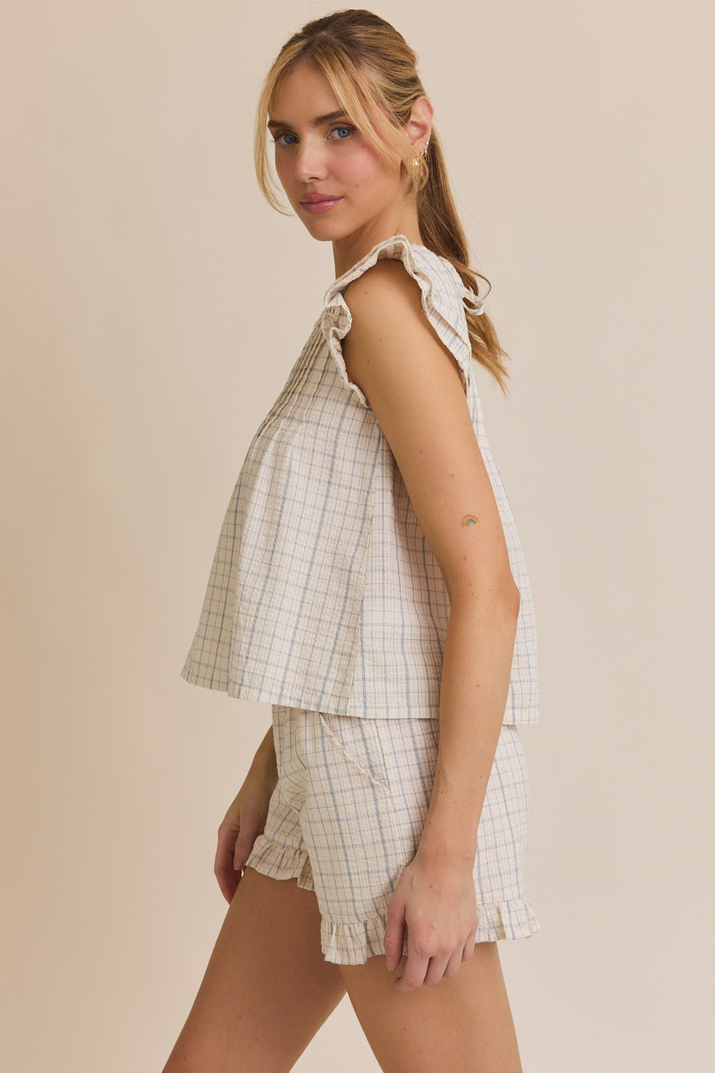 Ruffle Sleeve Pleated Top & Ruffle Hem Shorts