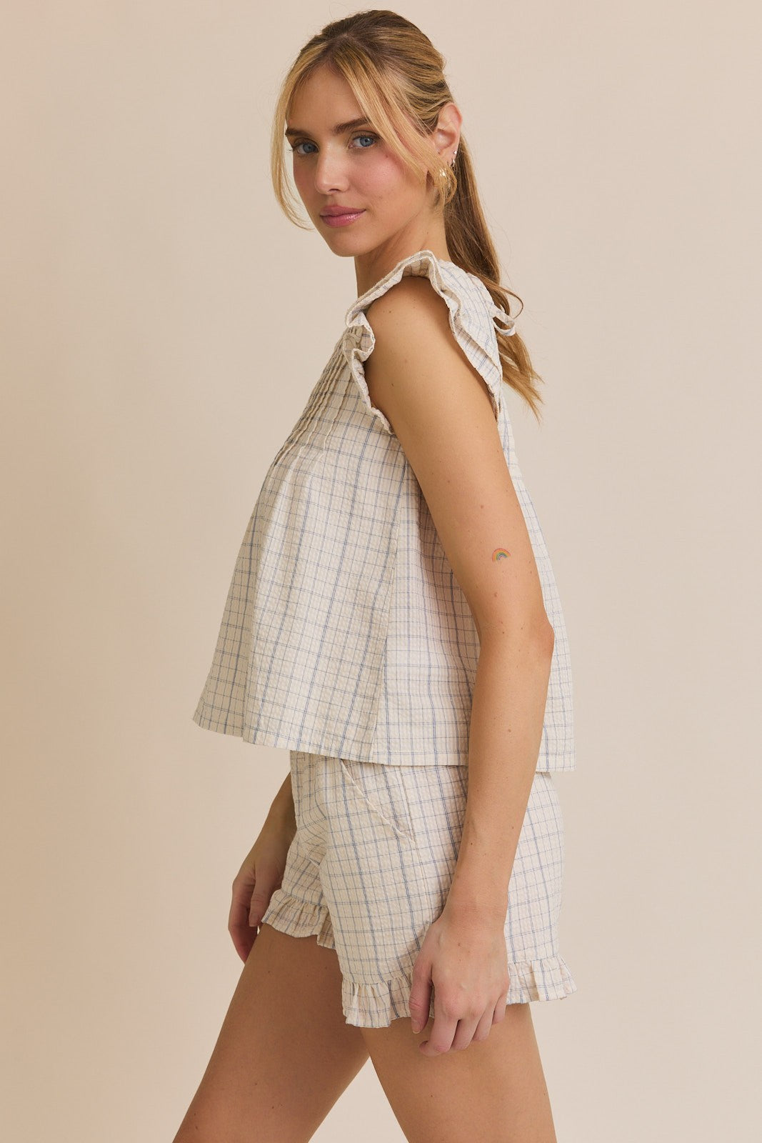 Ruffle Sleeve Pleated Top & Ruffle Hem Shorts