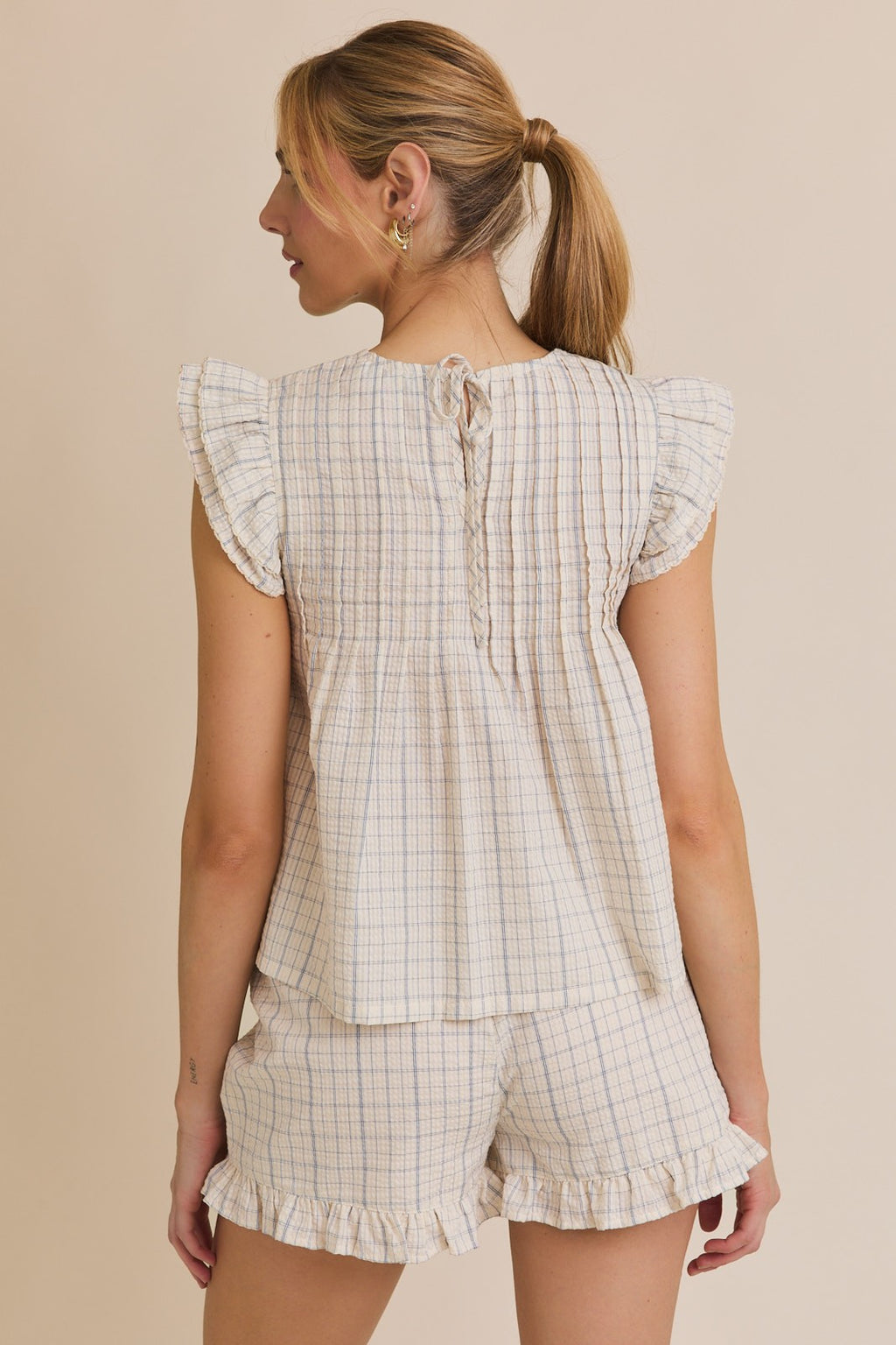 Ruffle Sleeve Pleated Top & Ruffle Hem Shorts