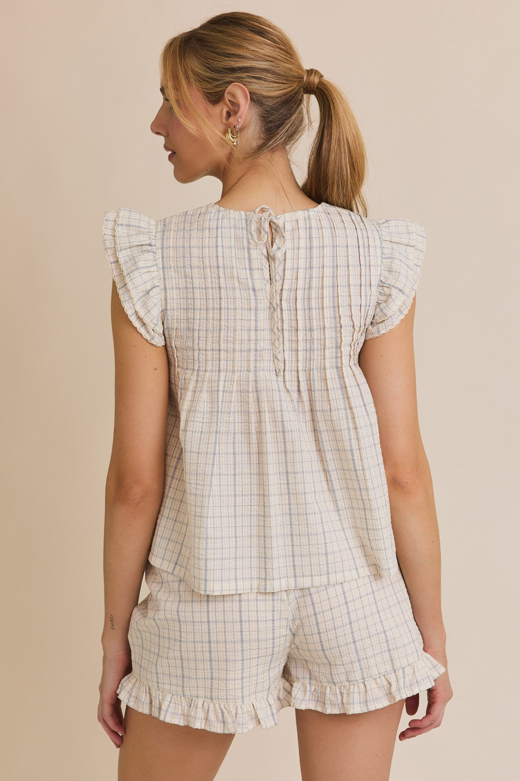 Ruffle Sleeve Pleated Top & Ruffle Hem Shorts