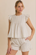 Ruffle Sleeve Pleated Top & Ruffle Hem Shorts