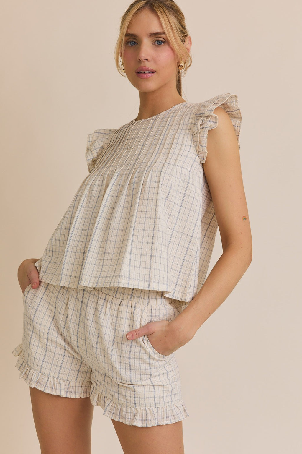 Ruffle Sleeve Pleated Top & Ruffle Hem Shorts