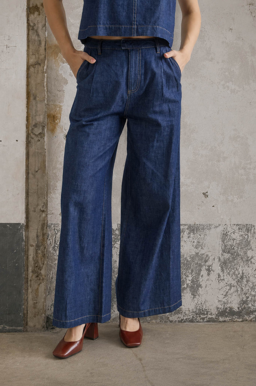 High Waist Pleated Wide Leg Denim Pants