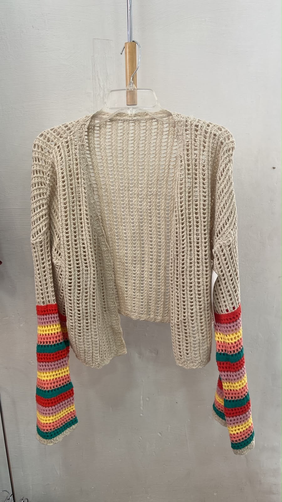 Beige Crocheted Open Cardigan with Colorful Sleeves