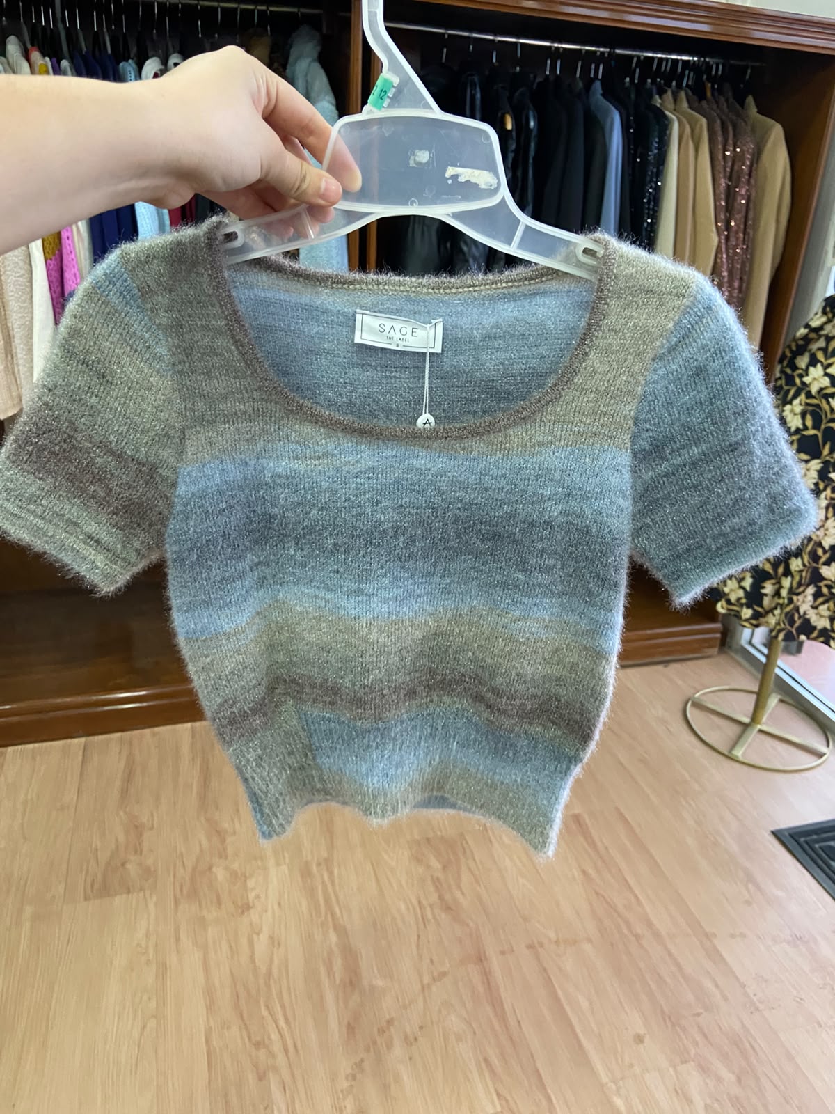Sage Short Sleeve Knit Top with Striped Detail