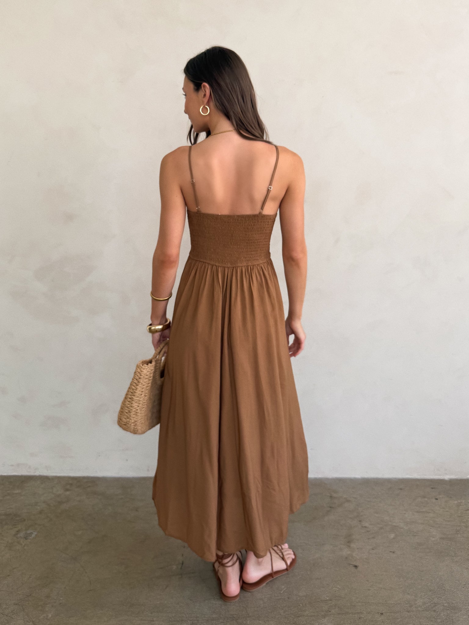 Smocked Basque Waist Spaghetti Strap Midi Dress Brown- Summer Boho Floral Beach Sundress
