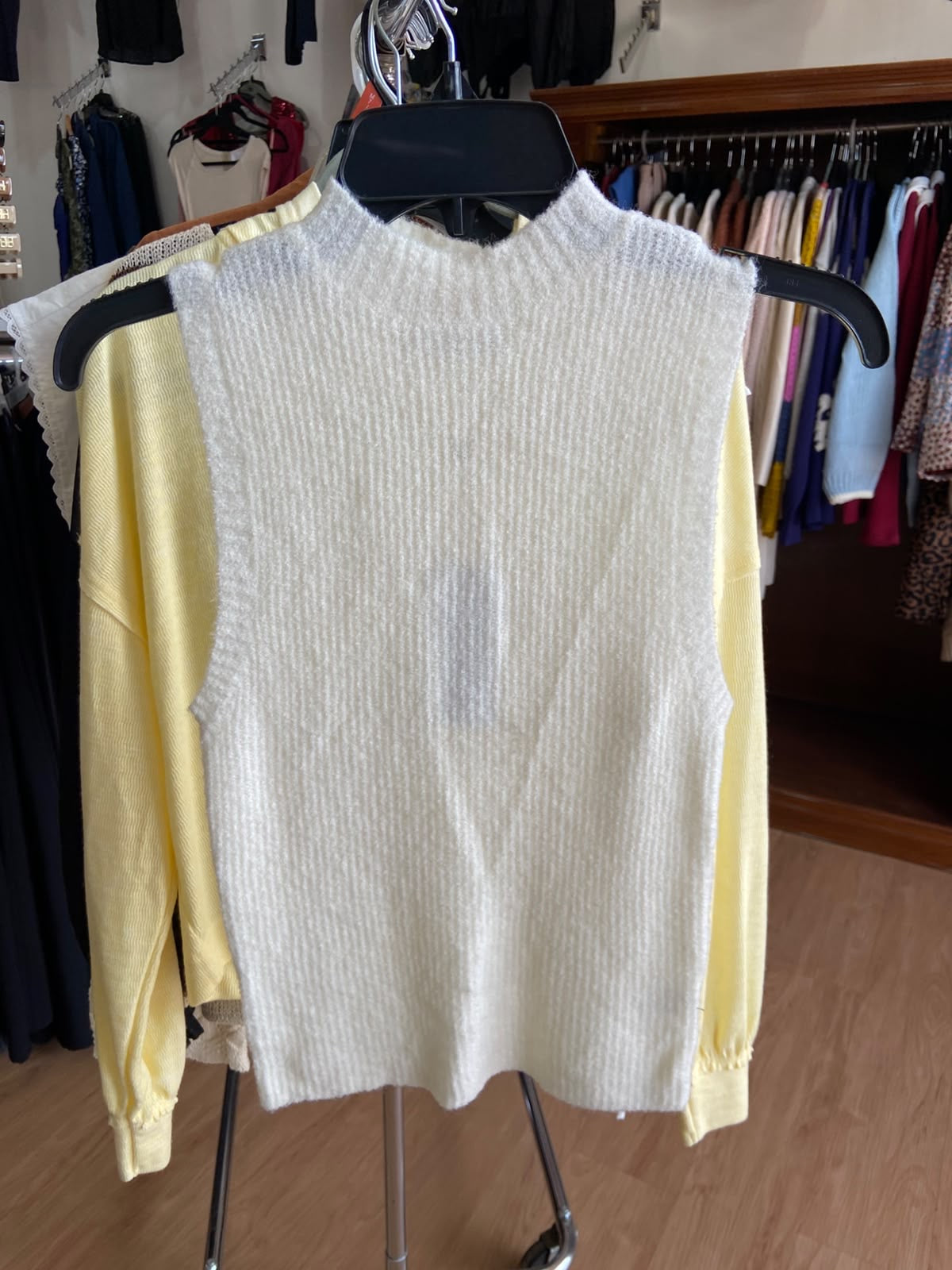Cream Sleeveless Mock Neck Sweater with Ribbed Texture