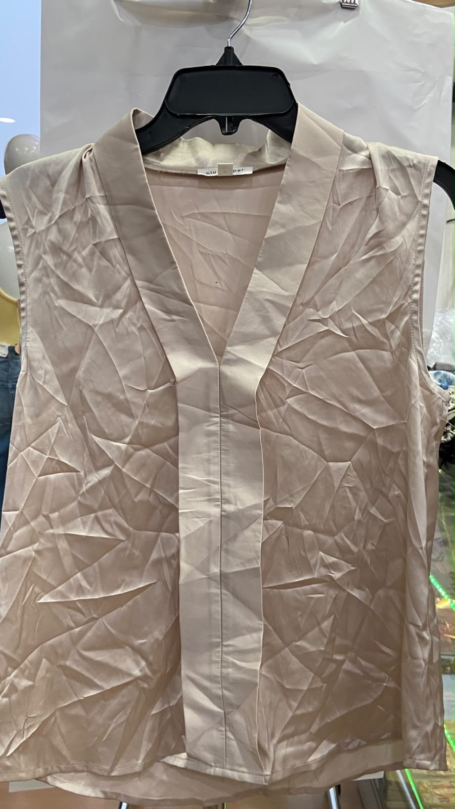 Beige Sleeveless V-Neck Blouse with Pleats
