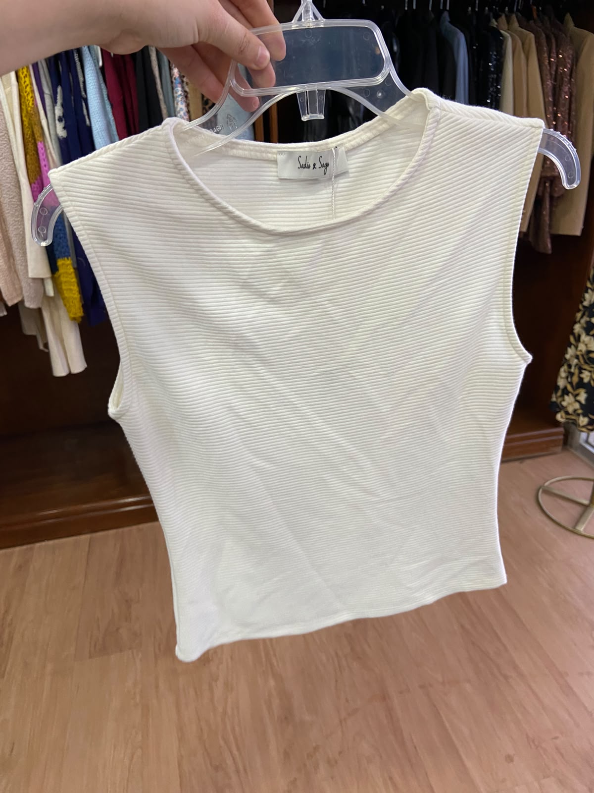Cream Sleeveless Crew Neck Top with Ribbed Texture