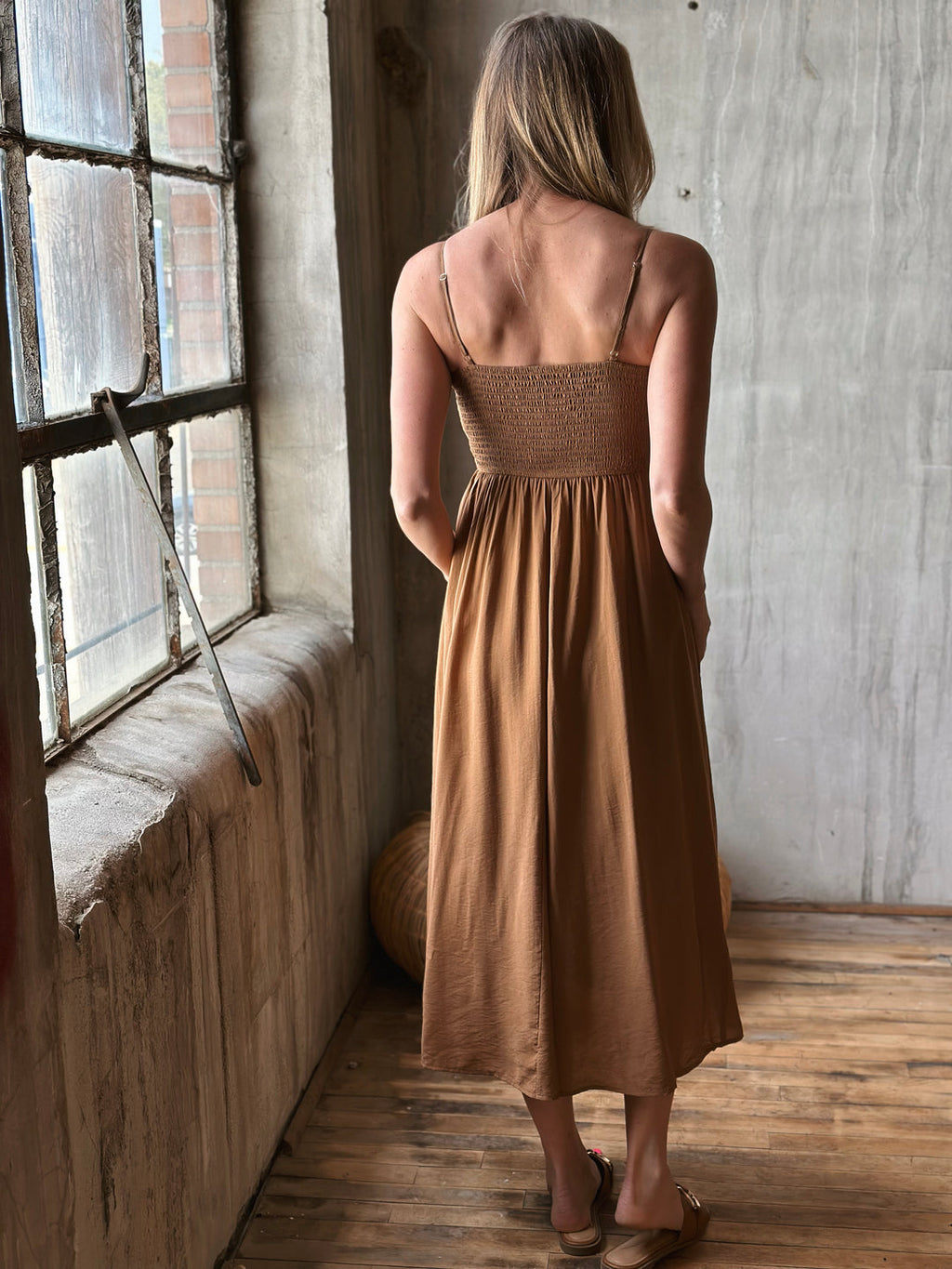 Smocked Basque Waist Spaghetti Strap Midi Dress Brown- Summer Boho Floral Beach Sundress