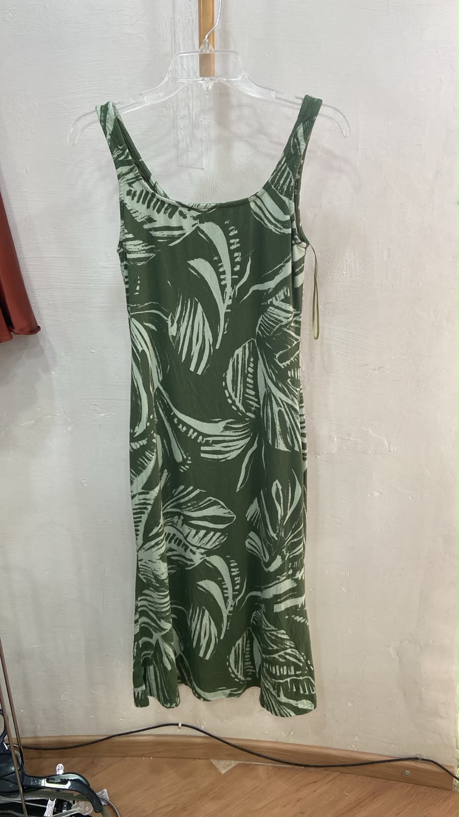 Green Sleeveless A-Line Dress with Leaf Print