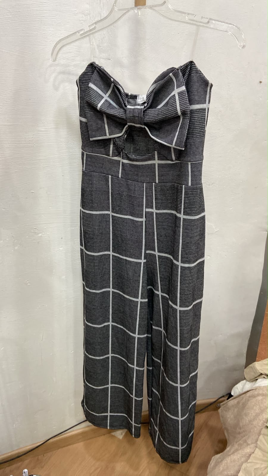 Black Checkered Strapless Jumpsuit with Bow Detail