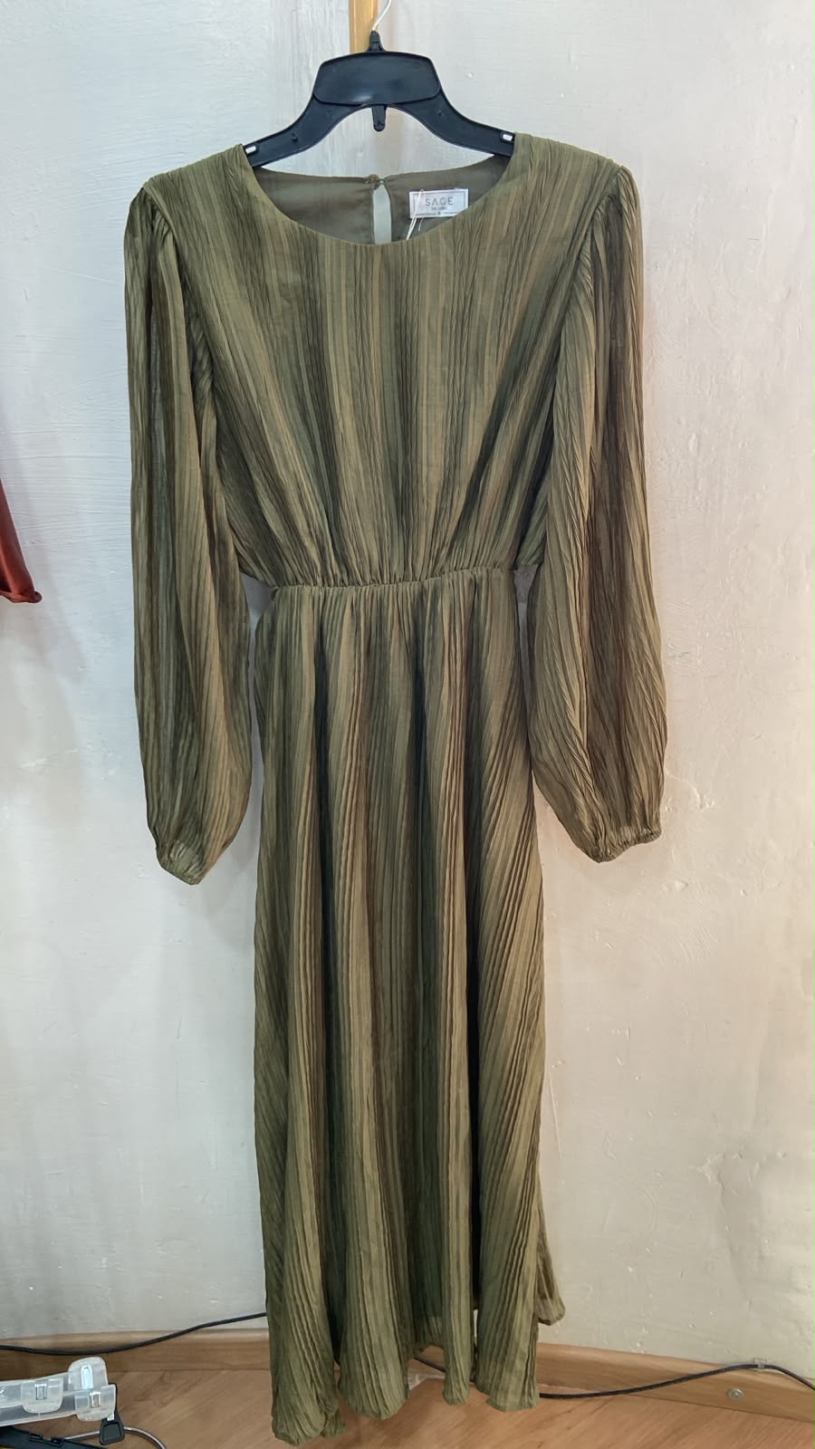 Olive Long Sleeve Pleated Maxi Dress with Waist Tie