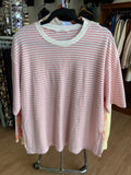 Pink Striped Short Sleeve Top with Ribbed Neckline