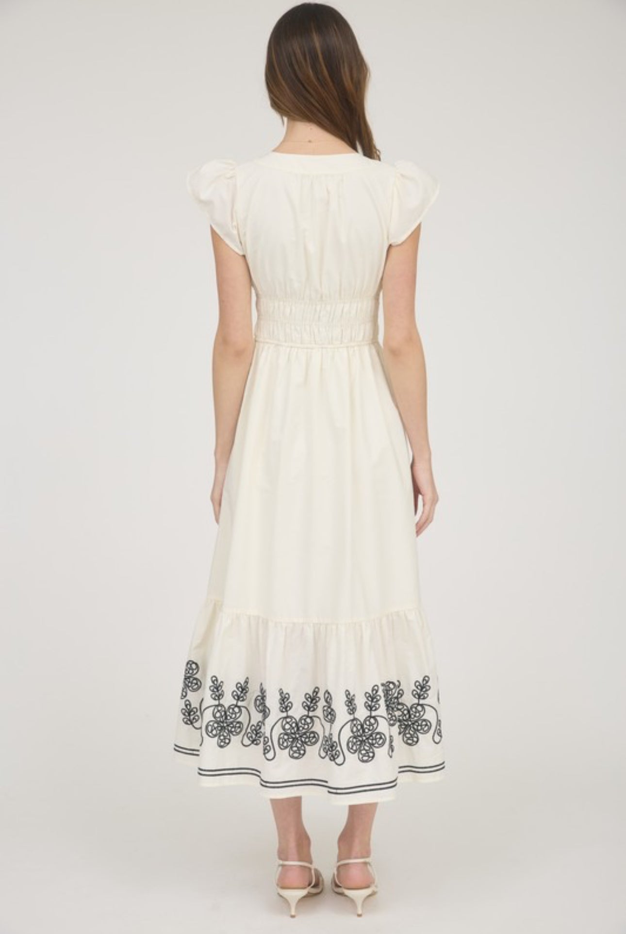 Cream Flutter Sleeve V-Neck Maxi Dress with Embroidery