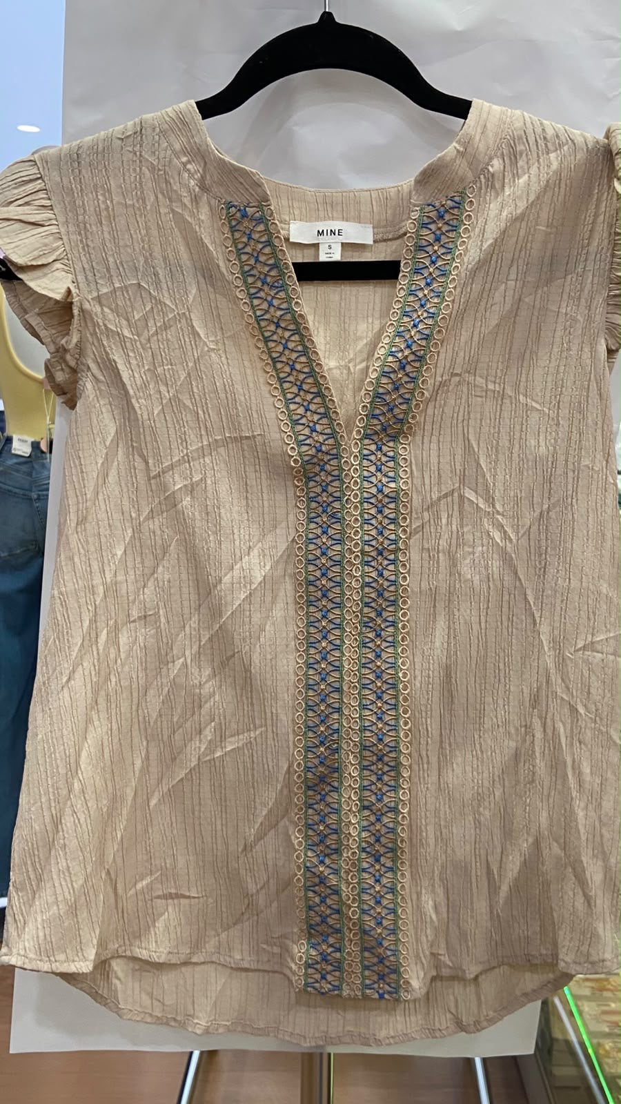 Beige Short Sleeve Tunic Top with Embroidery Detail