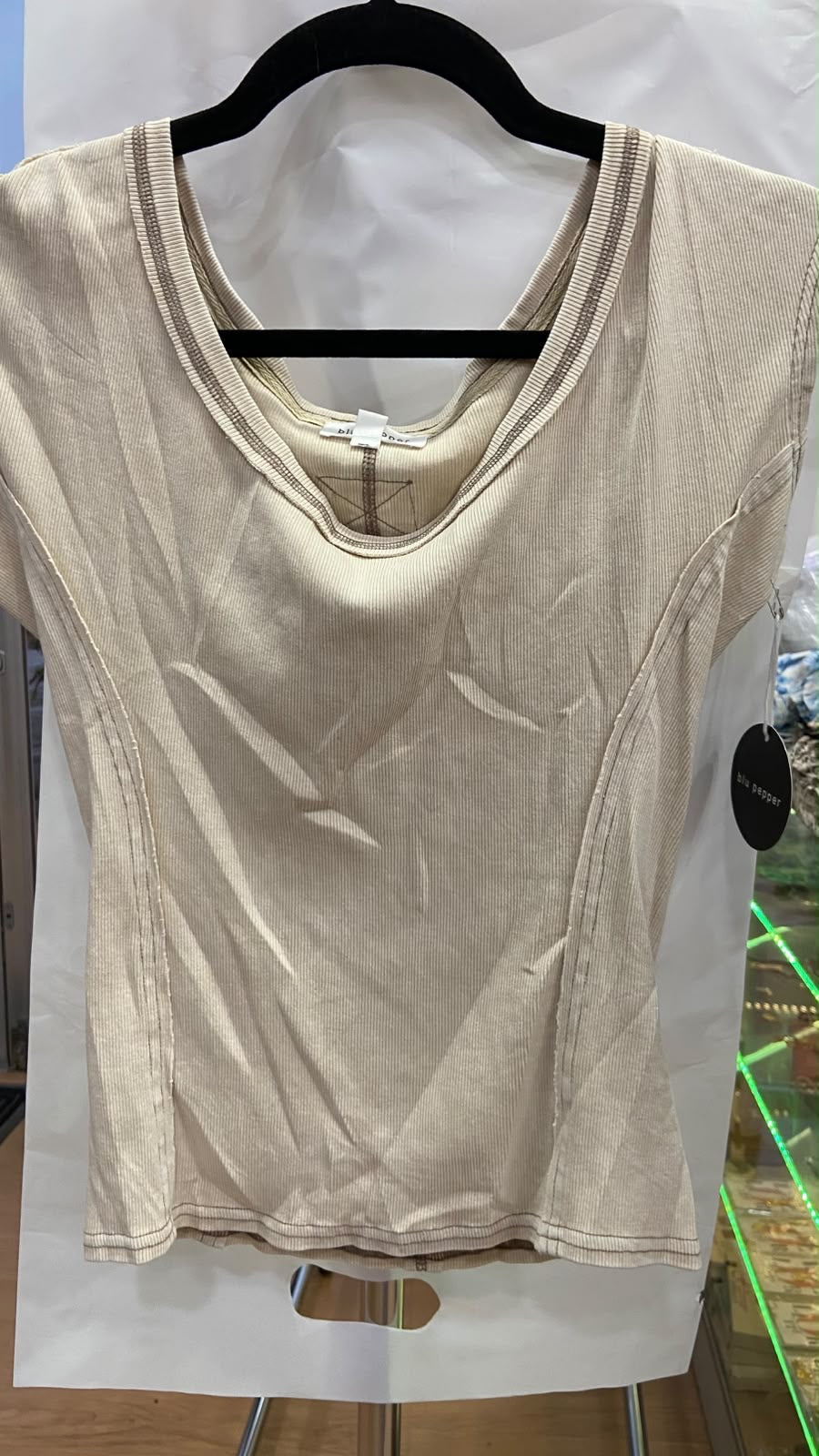 Beige Short Sleeve Ribbed Top with Scoop Neckline