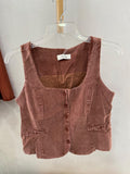 Brown Button-Up Sleeveless Crop Top with Pockets